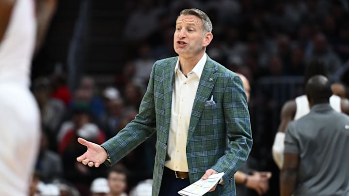 Mar 21, 2025; Cleveland, OH, USA; Alabama Crimson Tide head coach Nate Oats reacts in the first half against the Robert Morris Colonials during the NCAA Tournament First Round at Rocket Arena. Mandatory Credit: Ken Blaze-Imagn Images