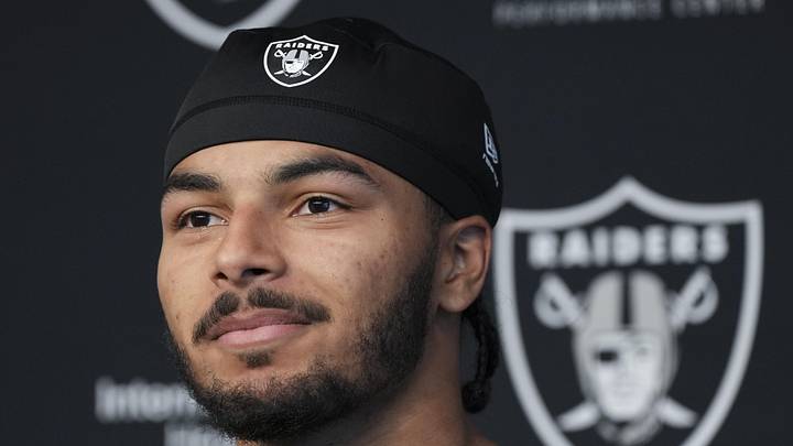 Las Vegas Raiders safety Treydan Stukes speaks during a news conference at the team’s Rookie Minicamp. Las Vegas Raiders safety Treydan Stukes speaks during a news conference at the team’s Rookie Minicamp.