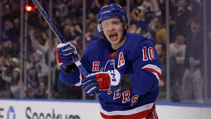Feb 28, 2024; New York, New York, USA; New York Rangers left wing Artemi Panarin (10) celebrates a goal by defenseman Adam Fox (not pictured) during the second period against the Columbus Blue Jackets at Madison Square Garden. Mandatory Credit: Brad Penner-Imagn Images Feb 28, 2024; New York, New York, USA; New York Rangers left wing Artemi Panarin (10) celebrates a goal by defenseman Adam Fox (not pictured) during the second period against the Columbus Blue Jackets at Madison Square Garden. Mandatory Credit: Brad Penner-Imagn Images