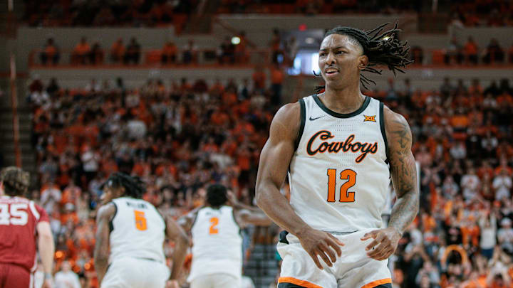 Feb 24, 2024; Stillwater, Oklahoma, USA; Oklahoma State Cowboys guard Javon Small (12) 