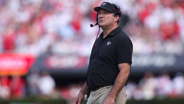 Oct 18, 2025; Athens, Georgia, USA;  Georgia Bulldogs head coach Kirby Smart reacts during the first half of the game against the Mississippi Rebels at Sanford Stadium. Mandatory Credit: Brett Davis-Imagn Images
