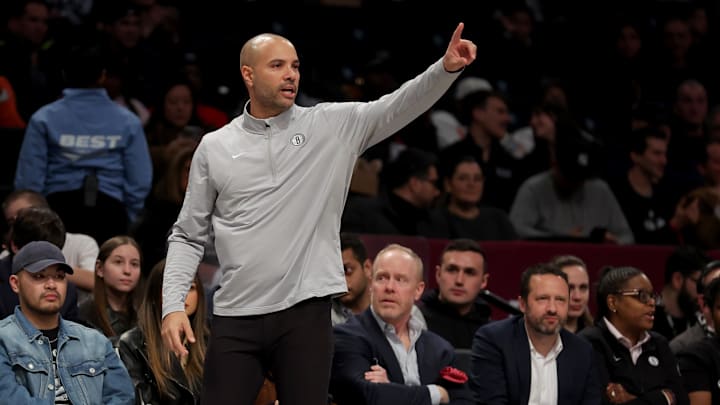 Apr 10, 2025; Brooklyn, New York, USA; Brooklyn Nets head coach Jordi Fernandez coaches against the Atlanta Hawks during the second quarter at Barclays Center. Mandatory Credit: Brad Penner-Imagn Images