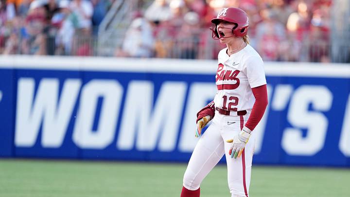 Alabama's Audrey Vandagriff (12) celebrates a double in the fifth inning during a Women's College World Series softball game between the Alabama Crimson Tide and the UCLA Bruins at Devon Park in Oklahoma City, May 28, 2026. Alabama's Audrey Vandagriff (12) celebrates a double in the fifth inning during a Women's College World Series softball game between the Alabama Crimson Tide and the UCLA Bruins at Devon Park in Oklahoma City, May 28, 2026.