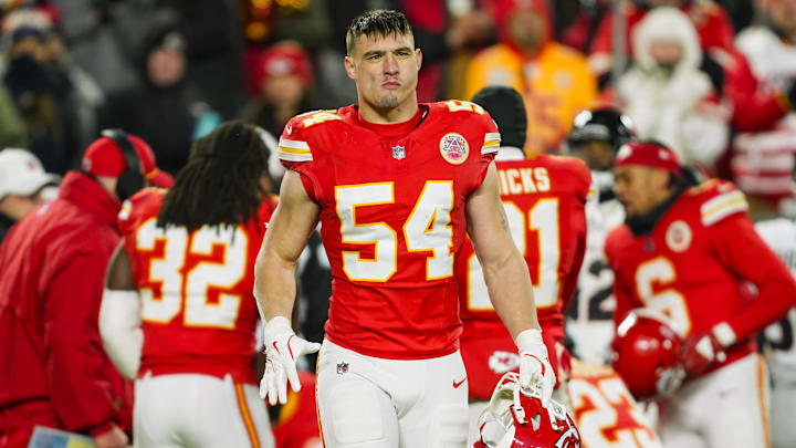 Jan 18, 2025; Kansas City, Missouri, USA; Kansas City Chiefs linebacker Leo Chenal (54) reacts during the second half against Houston Texans in a 2025 AFC divisional round game at GEHA Field at Arrowhead Stadium. Mandatory Credit: Jay Biggerstaff-Imagn Images