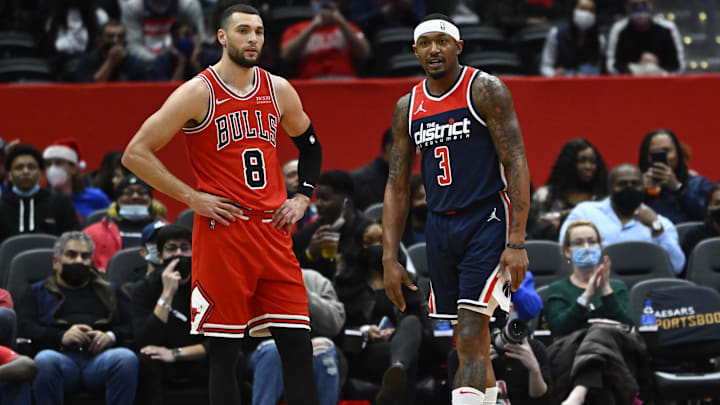 Jan 1, 2022; Washington, District of Columbia, USA; Washington Wizards guard Bradley Beal (3) talks with Chicago Bulls guard Zach LaVine (8) during the first half at Capital One Arena. Mandatory Credit: Brad Mills-Imagn Images