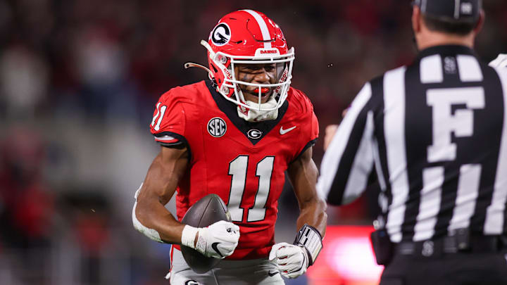 Nov 29, 2024; Athens, Georgia, USA; Georgia Bulldogs wide receiver Arian Smith (11) reacts after a run against the Georgia Tech Yellow Jackets in the third quarter at Sanford Stadium. Mandatory Credit: Brett Davis-Imagn Images Nov 29, 2024; Athens, Georgia, USA; Georgia Bulldogs wide receiver Arian Smith (11) reacts after a run against the Georgia Tech Yellow Jackets in the third quarter at Sanford Stadium. Mandatory Credit: Brett Davis-Imagn Images