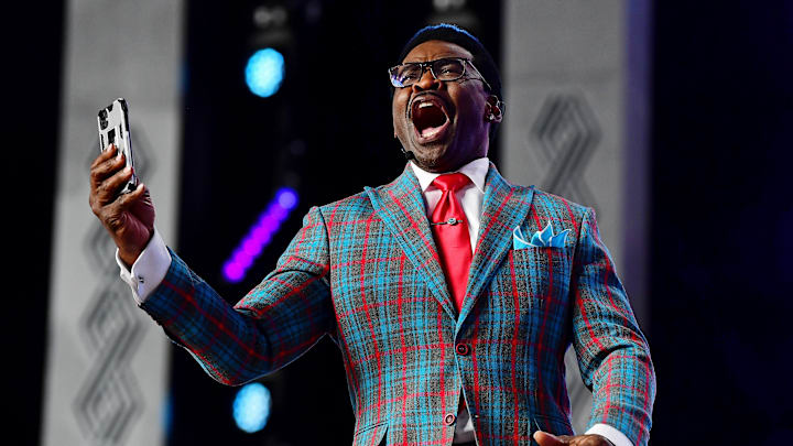 Hall of Famer Michael Irvin on stage before the first round of the NFL Draft at the NFL Draft Theater. 