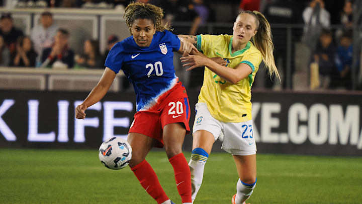 Catarina Macario (20) scored the lone goal for the U.S. in a 2–1 loss to Brazil on Tuesday. 