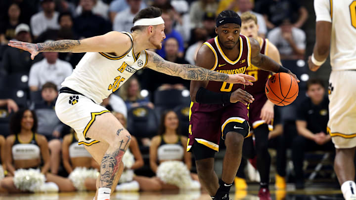 Missouri Tigers forward Jacob Crews (35) goes for a steal in a game versus the Minnesota Golden Gophers this season.