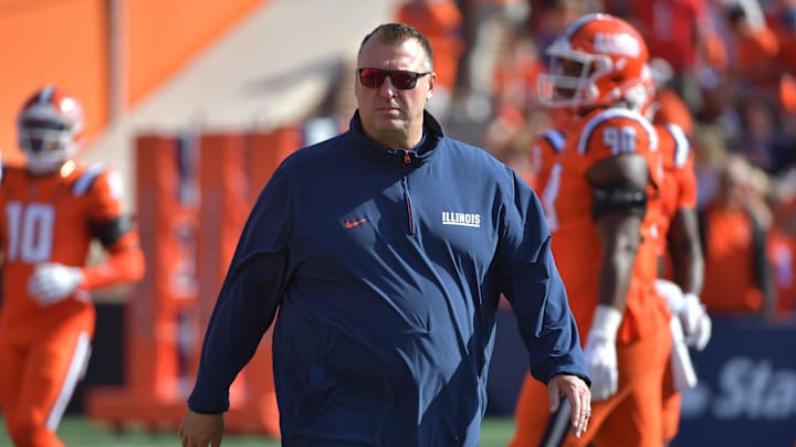 Oct 11, 2025; Champaign, Illinois, USA; Illinois Fighting Illini head coach Bret Bielema during warmups prior to a game against the Ohio State Buckeyes at Memorial Stadium. Mandatory Credit: Ron Johnson-Imagn Images