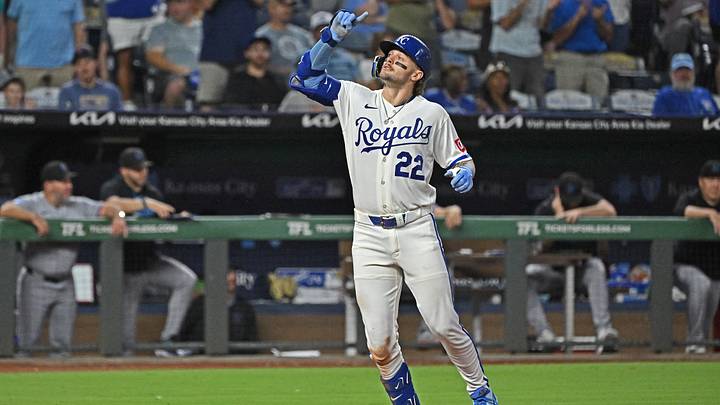 Sep 3, 2026; Kansas City, Missouri, USA; Kansas City Royals catcher Carter Jensen (22) reacts after hitting a two-run home run in the fifth inning against the Miami Marlins at Kauffman Stadium. Mandatory Credit: Peter Aiken-Imagn Images Sep 3, 2026; Kansas City, Missouri, USA; Kansas City Royals catcher Carter Jensen (22) reacts after hitting a two-run home run in the fifth inning against the Miami Marlins at Kauffman Stadium. Mandatory Credit: Peter Aiken-Imagn Images