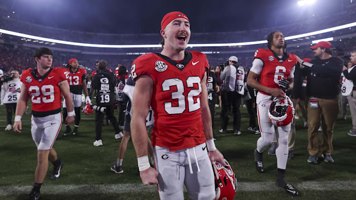 Nov 15, 2025; Athens, Georgia, USA; Georgia Bulldogs running back Cash Jones (32) celebrates after a game against the Texas Longhorns at Sanford Stadium. Mandatory Credit: Brett Davis-Imagn Images
