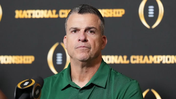 Jan 19, 2026; Miami Gardens, FL, USA; Miami Hurricanes head coach Mario Cristobal at press conference after 27-21 loss to the Indiana Hoosiers in the CFP National Championship college football game at Hard Rock Stadium. Mandatory Credit: Kirby Lee-Imagn Images