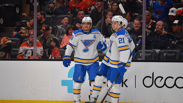 Apr 3, 2026; Anaheim, California, USASt. Louis Blues center Robert Thomas (18) celebrates his goal scored against the Anaheim Ducks with right wing Jimmy Snuggerud (21) during the first period at Honda Center. Mandatory Credit: Gary A. Vasquez-Imagn Images Apr 3, 2026; Anaheim, California, USASt. Louis Blues center Robert Thomas (18) celebrates his goal scored against the Anaheim Ducks with right wing Jimmy Snuggerud (21) during the first period at Honda Center. Mandatory Credit: Gary A. Vasquez-Imagn Images
