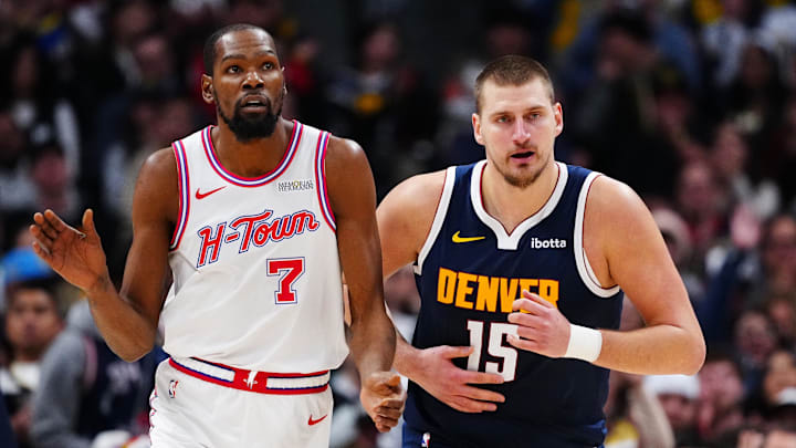 Dec 15, 2025; Denver, Colorado, USA; Houston Rockets forward Kevin Durant (7) and Denver Nuggets center Nikola Jokic (15) during the second quarter at Ball Arena. Mandatory Credit: Ron Chenoy-Imagn Images Dec 15, 2025; Denver, Colorado, USA; Houston Rockets forward Kevin Durant (7) and Denver Nuggets center Nikola Jokic (15) during the second quarter at Ball Arena. Mandatory Credit: Ron Chenoy-Imagn Images