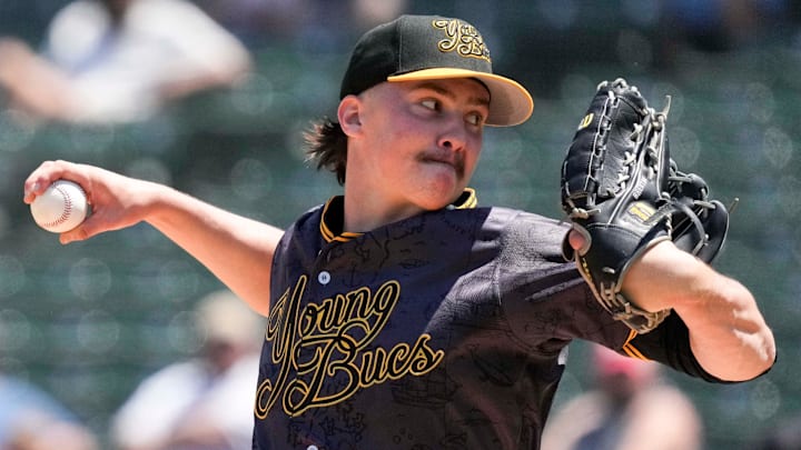 Indianapolis Indians starting pitcher Bubba Chandler (53) throws to Louisville Bats outfielder Blake Dunn (32) during the third inning of a game Sunday, May 18, 2025, at Victory Field in Indianapolis.