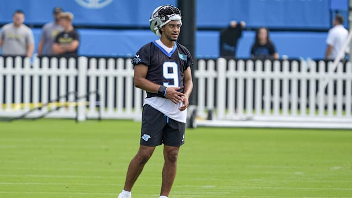 Carolina Panthers quarterback Bryce Young looks on at Carolina Panthers Practice Fields.