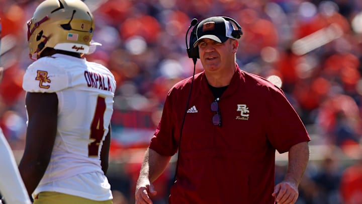 Oct 5, 2024; Charlottesville, Virginia, USA; Boston College Eagles head coach Bill O'Brien looks on during the second quarter against the Virginia Cavaliers at Scott Stadium. Mandatory Credit: Peter Casey-Imagn Images