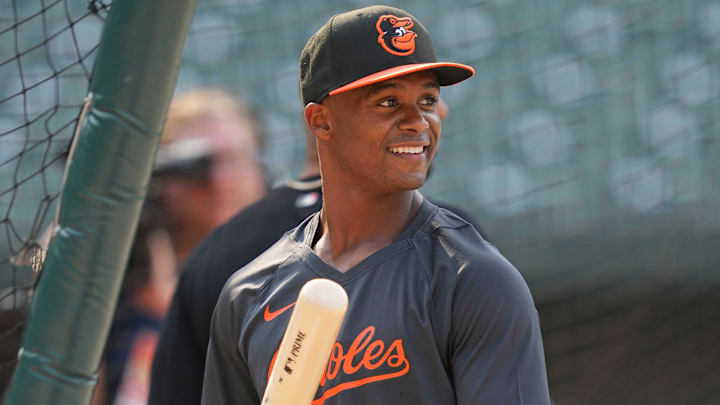 Jul 18, 2023; Baltimore, Maryland, USA; Baltimore Orioles draft pick Enrique Bradfield Jr. takes batting practice prior to the game against the Los Angeles Dodgers at Oriole Park at Camden Yards
