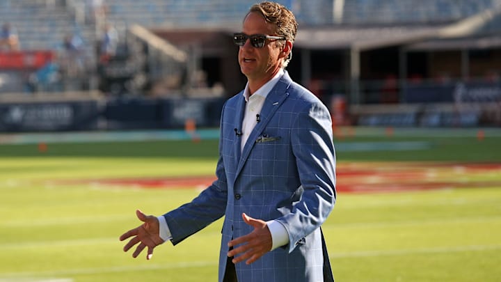 Mississippi Rebels head coach Lane Kiffin is interviewed prior to the game against the Oklahoma Sooners at Vaught-Hemingway Stadium.