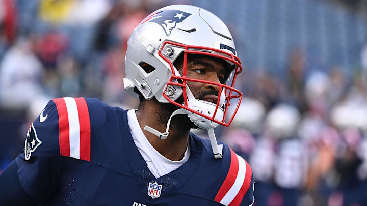 Aug 15, 2024; Foxborough, MA, USA; New England Patriots quarterback Jacoby Brissett (14) warms up before a game against the Philadelphia Eagles at Gillette Stadium. Mandatory Credit: Eric Canha-USA TODAY Sports