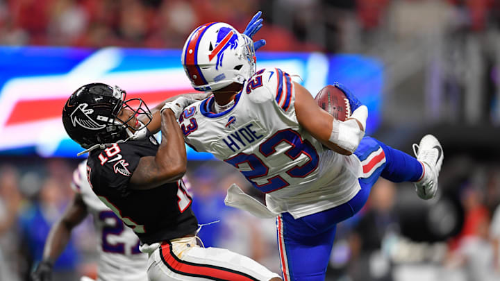 Oct 1, 2017; Atlanta, GA, USA; Buffalo Bills safety Micah Hyde (23) intercepts a pass intended for Atlanta Falcons wide receiver Taylor Gabriel (18).