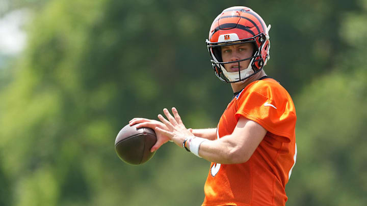 Jun 10, 2025; Cincinnati, OH, USA; Cincinnati Bengals quarterback Joe Burrow (9) during practice at Paycor Stadium.