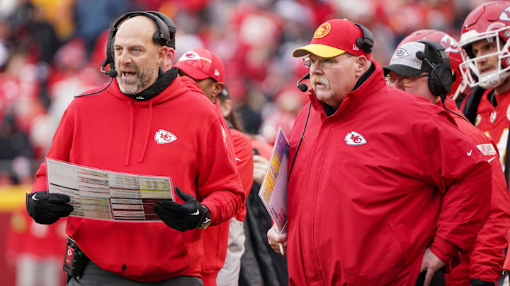 Dec 25, 2023; Kansas City, Missouri, USA; Kansas City Chiefs offensive coordinator Matt Nagy, left, stands next to head coach Andy Ried on field against the Las Vegas Raiders during the second half at GEHA Field at Arrowhead Stadium. Mandatory Credit: Denny Medley-Imagn Images
