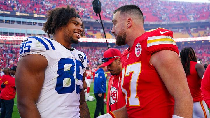 Nov 23, 2025; Kansas City, Missouri, USA; InIndianapolis Colts tight end Drew Ogletree (85) and Kansas City Chiefs tight end Travis Kelce (87) greet after the game at GEHA Field at Arrowhead Stadium. Mandatory Credit: Denny Medley-Imagn Images Nov 23, 2025; Kansas City, Missouri, USA; InIndianapolis Colts tight end Drew Ogletree (85) and Kansas City Chiefs tight end Travis Kelce (87) greet after the game at GEHA Field at Arrowhead Stadium. Mandatory Credit: Denny Medley-Imagn Images