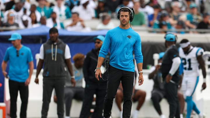 Sep 7, 2025; Jacksonville, Florida, USA; Carolina Panthers head coach Dave Canales comes off the sidelines during the first half of a game against the Jacksonville Jaguars at EverBank Stadium. Mandatory Credit: Nathan Ray Seebeck-Imagn Images