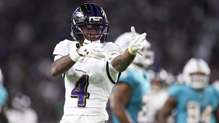 Oct 30, 2025; Miami Gardens, Florida, USA; Baltimore Ravens wide receiver Zay Flowers (4) reacts after a play against the Miami Dolphins in the third quarter at Hard Rock Stadium. Mandatory Credit: Nathan Ray Seebeck-Imagn Images