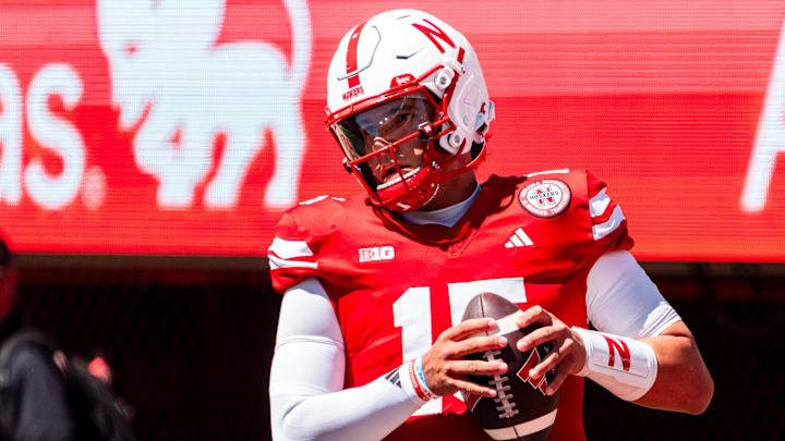 Aug 31, 2024; Lincoln, Nebraska, USA; Nebraska Cornhuskers quarterback Dylan Raiola (15) warms up before a game against the UTEP Miners at Memorial Stadium. Mandatory Credit: Dylan Widger-USA TODAY Sports