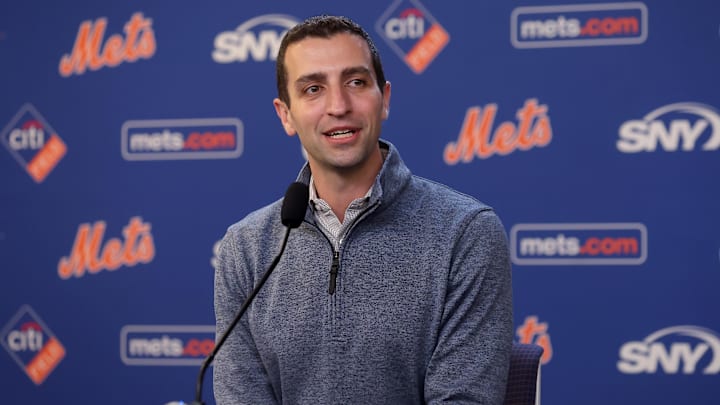 Jul 30, 2024; New York City, New York, USA; New York Mets president of baseball operations David Stearns speaks to the media about the MLB trade deadline before a game against the Minnesota Twins at Citi Field. Mandatory Credit: Brad Penner-Imagn Images Jul 30, 2024; New York City, New York, USA; New York Mets president of baseball operations David Stearns speaks to the media about the MLB trade deadline before a game against the Minnesota Twins at Citi Field. Mandatory Credit: Brad Penner-Imagn Images
