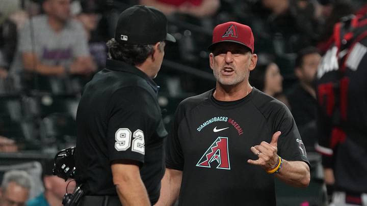 Jun 20, 2026; Phoenix, Arizona, USA; Arizona Diamondbacks manager Torey Lovullo (17) talks to MLB home plate umpire James Hoye (92) in the ninth inning during a game against the Minnesota Twins at Chase Field. Mandatory Credit: Rick Scuteri-Imagn Images