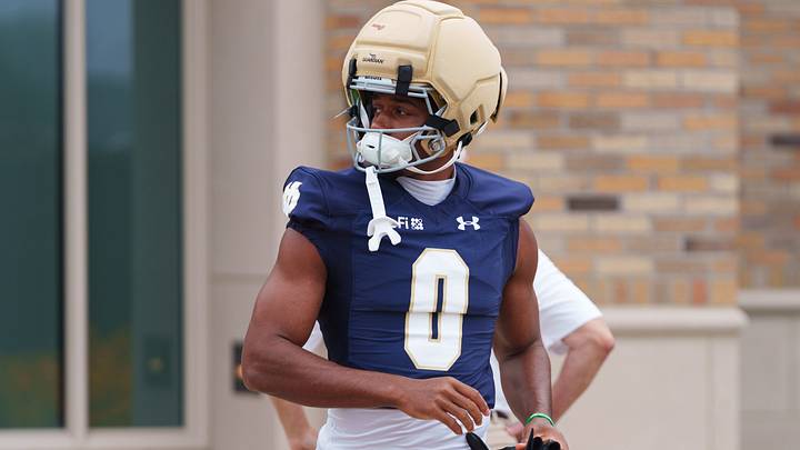 Wide receiver Quincy Porter walks to a Notre Dame football practice at Irish Athletic Center on Thursday, Aug. 6, 2026, in South Bend.
