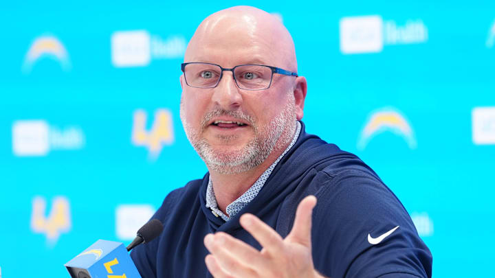 Apr 16, 2026; El Segundo, CA, USA; Los Angeles Chargers general manager Joe Hortiz speaks at press conference at The Bolt. Mandatory Credit: Kirby Lee-Imagn Images