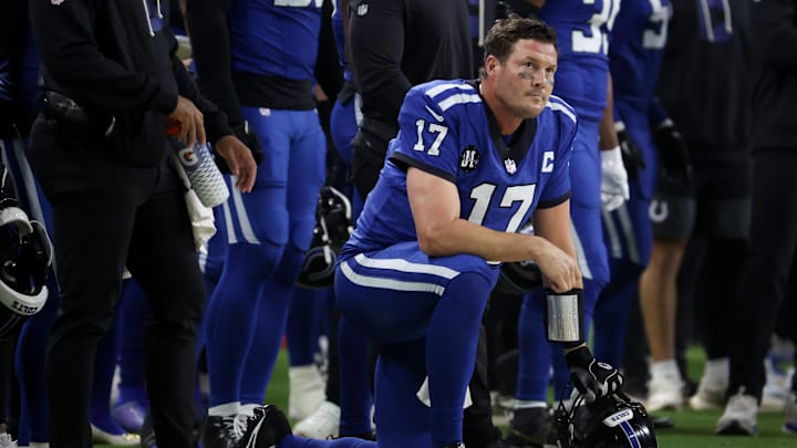 Indianapolis Colts quarterback Philip Rivers (17) looks on in the second quarter of the game against the San Francisco 49ers at Lucas Oil Stadium.