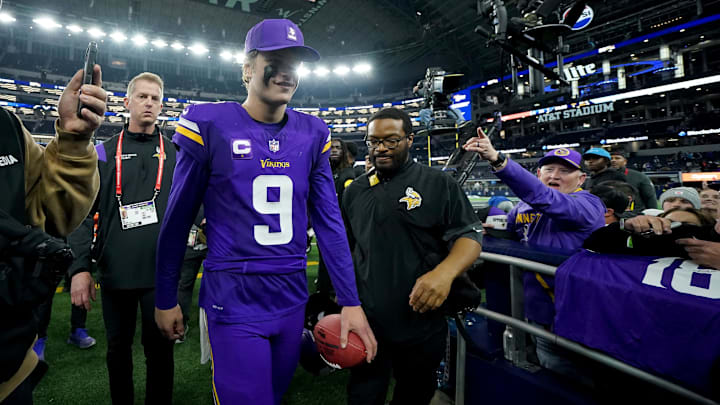Dec 14, 2025; Arlington, Texas, USA; Minnesota Vikings quarterback J.J. McCarthy (9) leaves the field after a game against the Dallas Cowboys at AT&T Stadium.