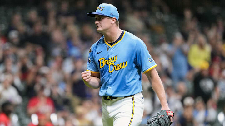 Sep 26, 2025; Milwaukee, Wisconsin, USA; Milwaukee Brewers pitcher Quinn Priester (46) reacts after recording the final out of the fourth inning against the Cincinnati Reds at American Family Field. Mandatory Credit: Jeff Hanisch-Imagn Images Sep 26, 2025; Milwaukee, Wisconsin, USA; Milwaukee Brewers pitcher Quinn Priester (46) reacts after recording the final out of the fourth inning against the Cincinnati Reds at American Family Field. Mandatory Credit: Jeff Hanisch-Imagn Images