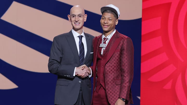 Jun 25, 2025; Brooklyn, NY, USA;  Jeremiah Fears stands with NBA commissioner Adam Silver after being selected as the seventh pick by the New Orleans Pelicans in the first round of the 2025 NBA Draft at Barclays Center. Mandatory Credit: Brad Penner-Imagn Images