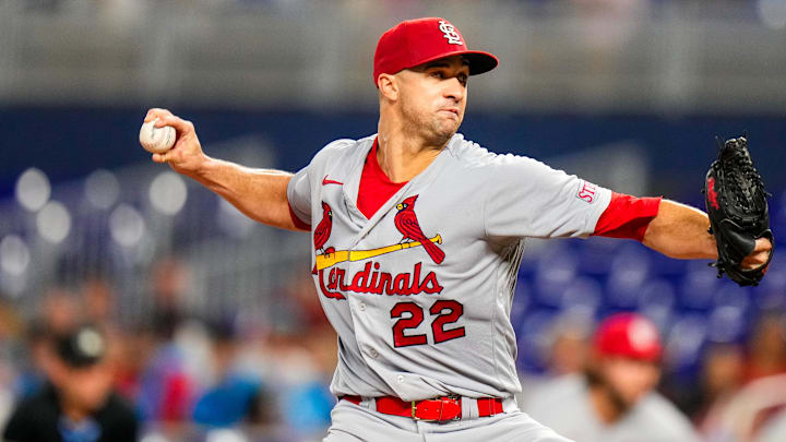 Jul 6, 2023; Miami, Florida, USA; St. Louis Cardinals starting pitcher Jack Flaherty (22) throws a pitch against the Miami Marlins during the first inning at loanDepot Park. Mandatory Credit: Rich Storry-Imagn Images