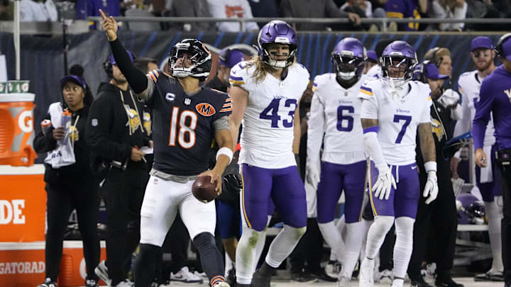 Sep 8, 2025; Chicago, Illinois, USA; Chicago Bears quarterback Caleb Williams (18) reacts against the Minnesota Vikings during the second half at Soldier Field. Sep 8, 2025; Chicago, Illinois, USA; Chicago Bears quarterback Caleb Williams (18) reacts against the Minnesota Vikings during the second half at Soldier Field.