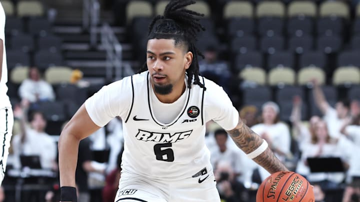 Mar 15, 2026; Pittsburgh, PA, USA;  VCU Rams guard Terrence Hill Jr. (6) brings the ball up court against the Dayton Flyers during the first half in the Atlantic 10 Conference Tournament Championship game at PPG Paints Arena. Mandatory Credit: Charles LeClaire-Imagn Images