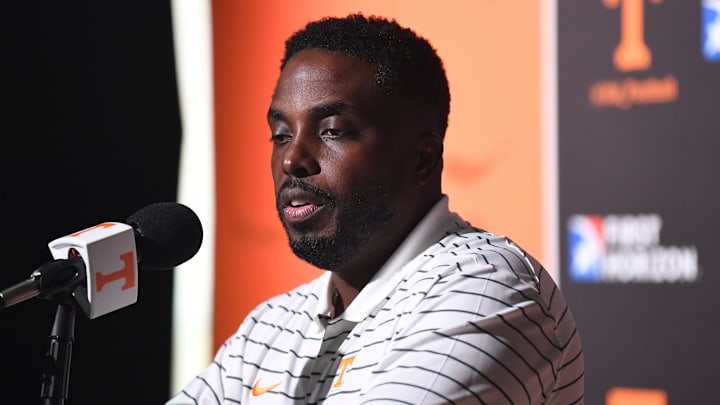 Tennessee defensive coordinator Tim Banks speaks at a press conference during Tennessee Football Media Day, Tuesday, Aug. 1, 2023.