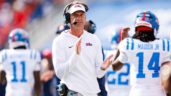 Sep 6, 2025; Lexington, Kentucky, USA; Mississippi Rebels head coach Lane Kiffin reacts after a play during the second quarter against the Kentucky Wildcats at Kroger Field. Mandatory Credit: Jordan Prather-Imagn Images