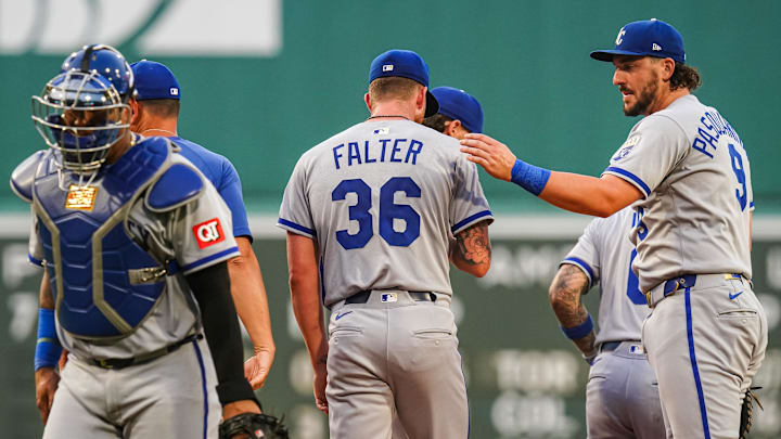 Aug 4, 2025; Boston, Massachusetts, USA; Kansas City Royals pitcher Bailey Falter (36) on the mound with teammates as they take on the Boston Red Sox in the first inning at Fenway Park. Mandatory Credit: David Butler II-Imagn Images