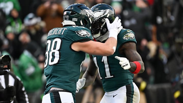 Dec 14, 2025; Philadelphia, Pennsylvania, USA; Philadelphia Eagles tight end Dallas Goedert (88) celebrates with wide receiver A.J. Brown (11) after scoring a touchdown against the Las Vegas Raiders during the first quarter at Lincoln Financial Field. Mandatory Credit: Eric Hartline-Imagn Images