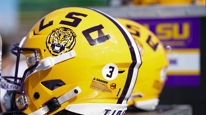 Oct 7, 2023; Columbia, Missouri, USA; A general view of a LSU Tigers helmet against the Missouri Tigers during the first half at Faurot Field at Memorial Stadium. Mandatory Credit: Denny Medley-Imagn Images Oct 7, 2023; Columbia, Missouri, USA; A general view of a LSU Tigers helmet against the Missouri Tigers during the first half at Faurot Field at Memorial Stadium. Mandatory Credit: Denny Medley-Imagn Images