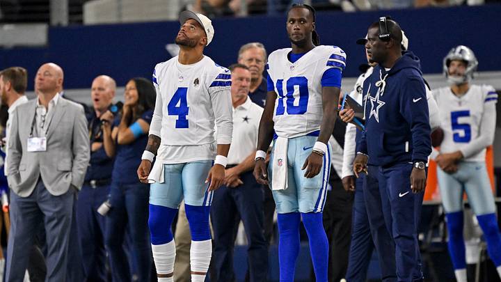 Aug 28, 2026; Arlington, Texas, USA; Dallas Cowboys quarterback Dak Prescott (4) and quarterback Joe Milton III (10) look on during the game between the Cowboys and the Saints at AT&T Stadium. Mandatory Credit: Jerome Miron-Imagn Images Aug 28, 2026; Arlington, Texas, USA; Dallas Cowboys quarterback Dak Prescott (4) and quarterback Joe Milton III (10) look on during the game between the Cowboys and the Saints at AT&T Stadium. Mandatory Credit: Jerome Miron-Imagn Images