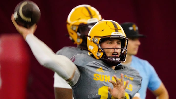 Arizona State quarterback Sam Leavitt (10) passes during a practice inside the Verde Dickey Dome in Tempe on Aug. 12, 2025.